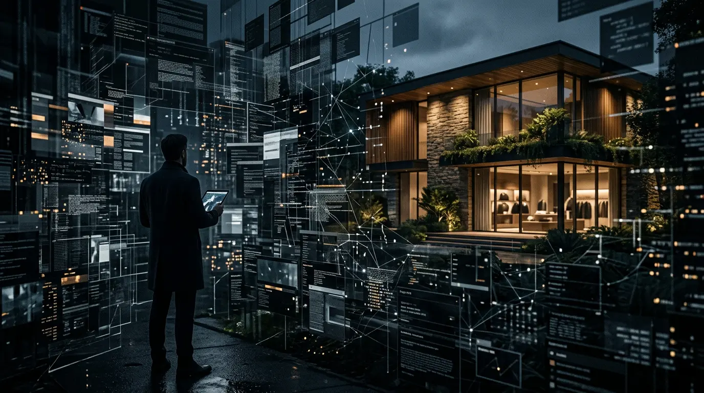A person in silhouette studying a lit modern building surrounded by floating data panels in a dark cityscape