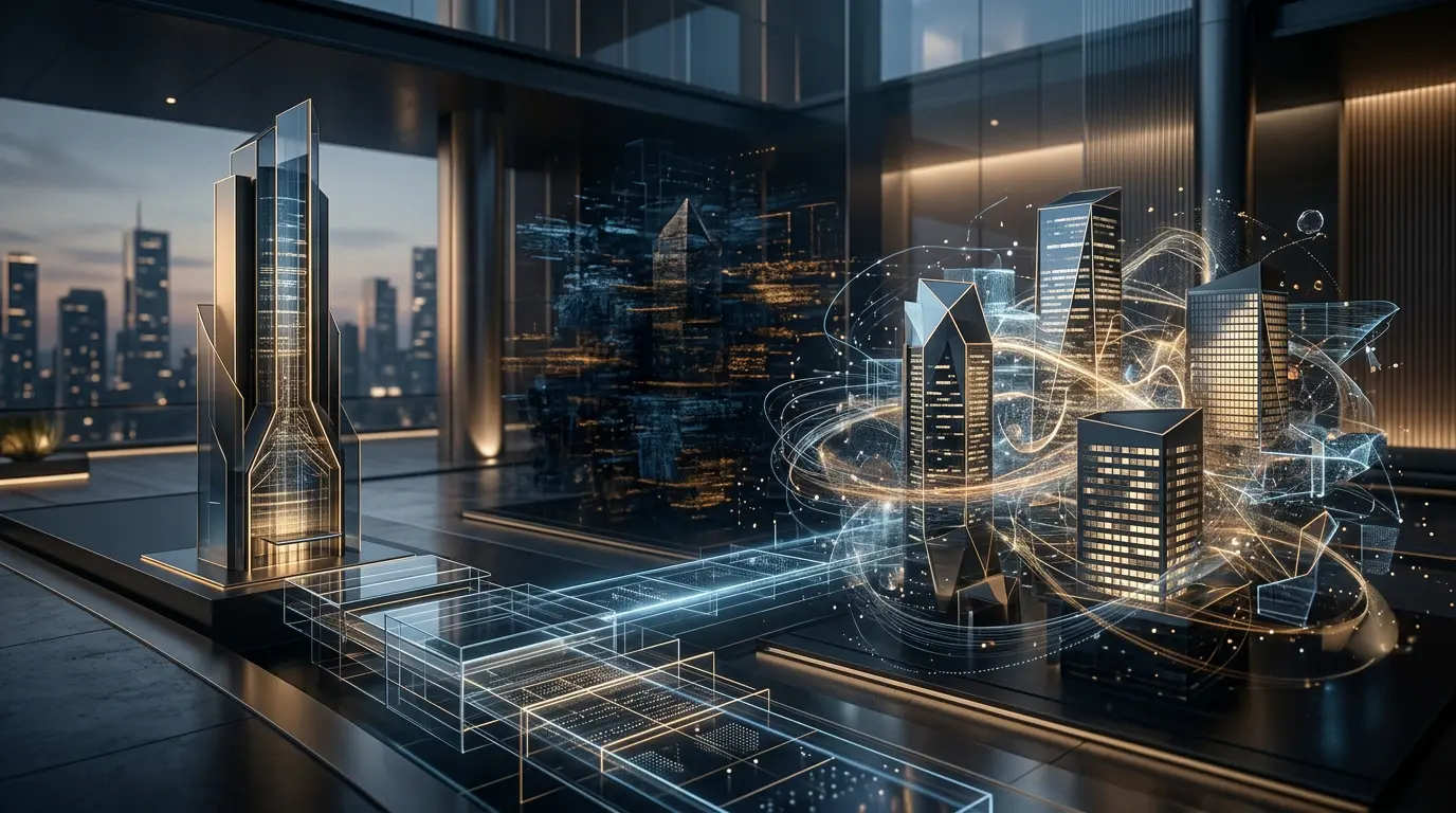 A dark boardroom overlooking a night skyline, with glass tower models linked by glowing network arcs to a wireframe city