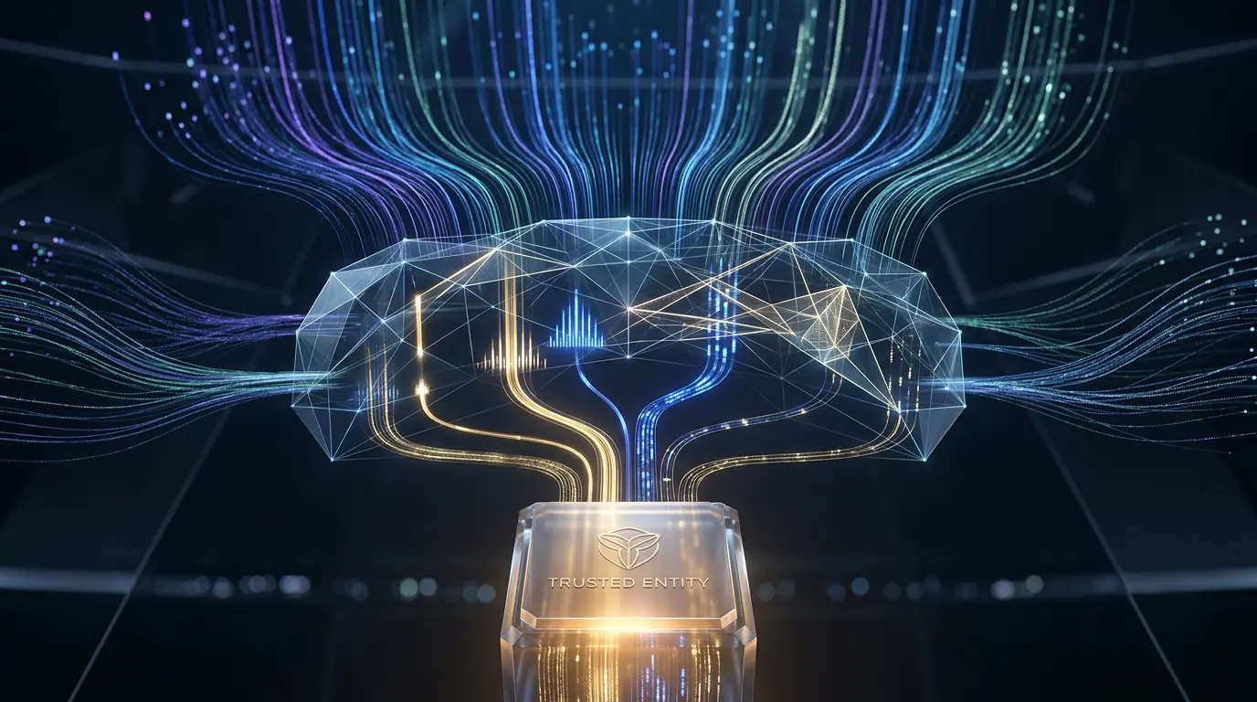 A faceted glass brain form drawing in coloured light streams from above and channelling gold light down into a glowing vessel